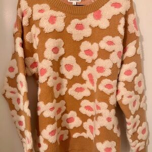 Floral Patterned Sweater - Tan and Pink
